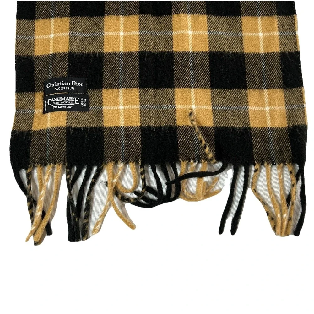 Christian Dior Monsieur Black Camel Plaid Cashmaire 100% Acrylic Scarf Fringe